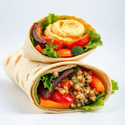 A colorful vegetarian wrap filled with hummus, roasted vegetables, and quinoa