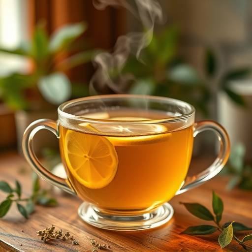 A cup of steaming herbal tea with lemon