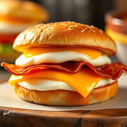 A delicious breakfast sandwich with egg, cheese and bacon
