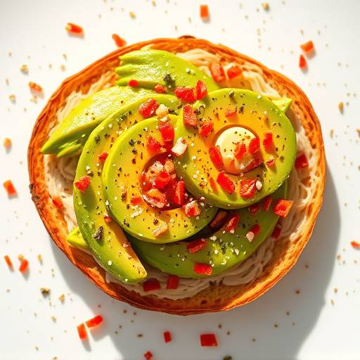 A slice of avocado toast topped with everything bagel seasoning and red pepper flakes