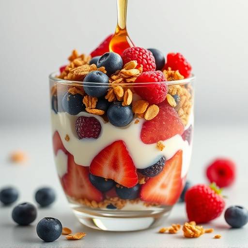 A yogurt parfait layered with granola, berries, and honey