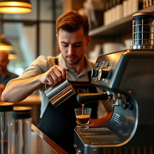 Barista carefully pouring a cup of coffee at The Daily Grind's espresso machine