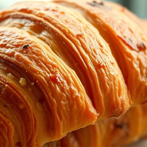 Close-up shot of a perfectly flaky croissant, showcasing its layers, at The Daily Grind