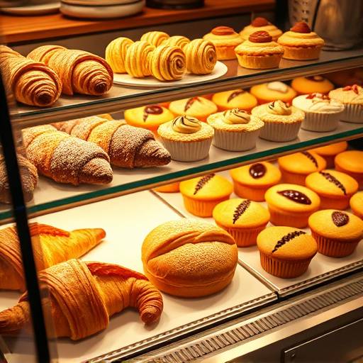 Display case filled with freshly baked pastries, including croissants and muffins, at The Daily Grind