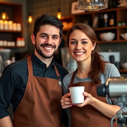Smiling baristas, Alex and Maria, ready to serve customers at The Daily Grind