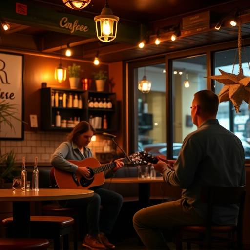 The Daily Grind hosting a live music event, with a musician playing acoustic guitar