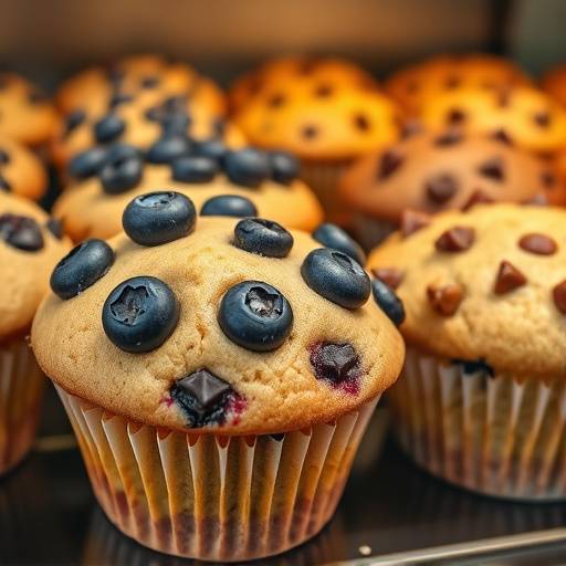 Variety of muffins on display, including blueberry, chocolate chip, and banana nut, at The Daily Grind